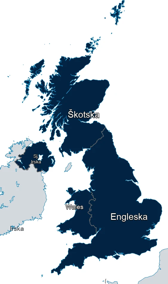 Karta Ujedinjenog Kraljevstva s područjem obuhvaćenim ETA-om: Engleska, Škotska, Wales i Sjeverna Irska